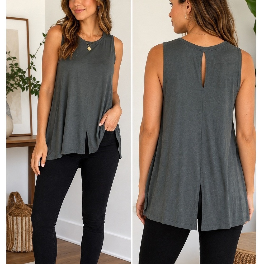Halogen Tank Top Dark Grey Rayon Blend Split Back Swing Top XL